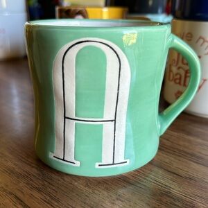 ANTHROPOLOGIE HAND PAINTED MONOGRAM MUG W LIGHT GREEN